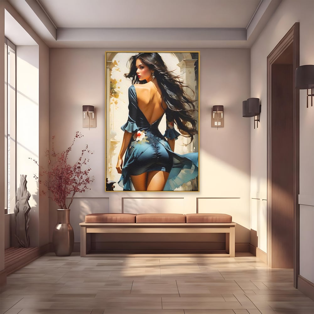 Tablou canvas cu tablou canvas cu femeie in rochie albastra, in rama de aluminiu auriu